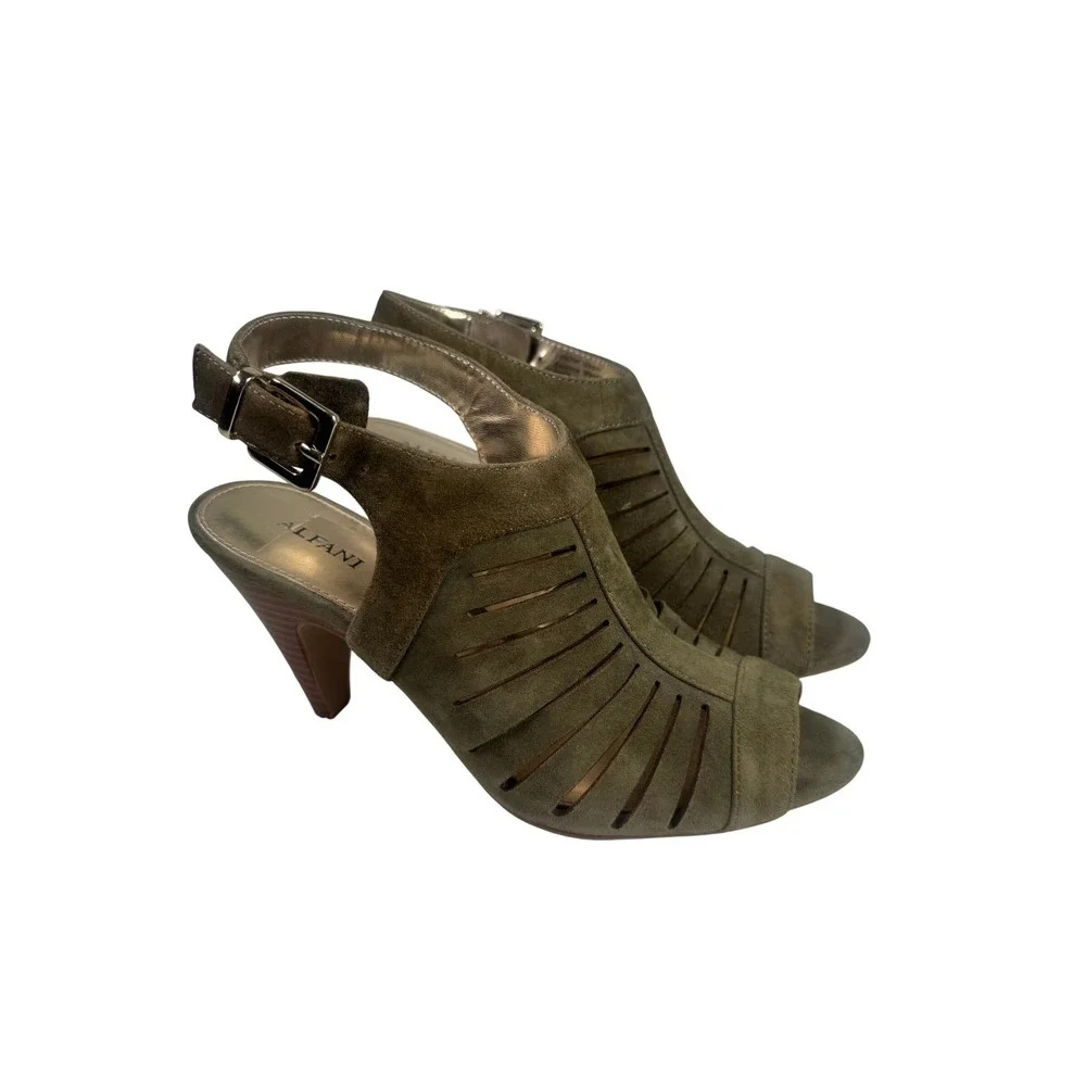 Alfani‎ Olive Green Suede Leather Cut Out Open Toe Slingback Heels Women 7M